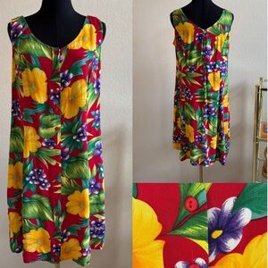 Vintage Red Hawaiian Floral A-Line Button Front Dress Medium